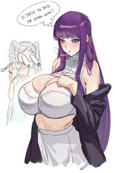 Rule 34 | 2girls, bare shoulders, blush, bra, breast envy, breasts, bulging eyes, celyn404, cleavage, dress, elf, english text, fern (sousou no frieren), frieren, grey hair, highres, large breasts, long hair, multiple girls, off shoulder, pointy ears, purple eyes, purple hair, simple background, sousou no frieren, sweat, twintails, underwear, white background, white dress