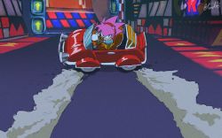 Rule 34 | 1girl, akira (manga), akira slide, amy rose, animal ears, animal nose, arrow (symbol), artist name, black eyes, blue shirt, body fur, car, drifting, driving, female focus, from side, furry, furry female, gloves, hairband, kornart, looking at viewer, miniskirt, motor vehicle, outdoors, parody, pink fur, pink hair, puffy short sleeves, puffy sleeves, red hairband, road, shirt, short hair, short sleeves, signature, sitting, sketch, skirt, smoke, solo, sonic (series), sonic r, sonic the hedgehog (classic), spiked hair, two-tone fur, vehicle focus, white gloves, yellow skirt