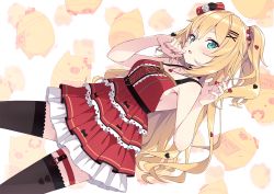 Rule 34 | 1girl, akai haato, akai haato (gothic lolita), black thighhighs, blonde hair, blush, bow, commentary request, dress, feet out of frame, green eyes, haaton (akai haato), hair bow, hair ornament, hairclip, hands up, heart, heart hair ornament, hololive, jewelry, kanzaki hiro, long hair, looking at viewer, nail polish, necklace, parted lips, pink nails, red bow, red dress, simple background, sleeveless, sleeveless dress, solo, thighhighs, two side up, virtual youtuber, white background