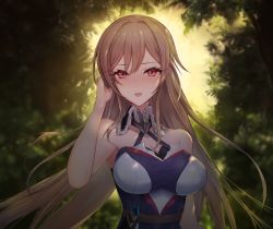 Rule 34 | 1girl, absurdres, bare shoulders, blush, breasts, brown hair, cleavage, dappled sunlight, day, furen e lustario, hand in own hair, highres, large breasts, long hair, looking at viewer, morichika shuuto, nijisanji, outdoors, red eyes, smile, solo, sunlight, tree, upper body, very long hair, virtual youtuber