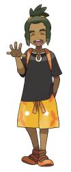 Rule 34 | 10s, 1boy, :d, ^ ^, backpack, bag, barefoot sandals (jewelry), closed eyes, creatures (company), dark-skinned male, dark skin, eyebrows, full body, game freak, green hair, hand in pocket, hau (pokemon), highres, male focus, nintendo, no socks, official art, open mouth, pokemon, pokemon sm, ponytail, sandals, shorts, simple background, slippers, smile, solo, sugimori ken, thick eyebrows, transparent, waving, white background