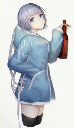 Rule 34 | 1girl, absurdres, alcohol, black thighhighs, blue eyes, blue jacket, bottle, closed mouth, cowboy shot, cropped legs, flippy (cripine111), hand in pocket, hand up, highres, holding, holding bottle, hood, hooded jacket, jacket, light blush, light smile, long sleeves, looking at viewer, original, short hair, simple background, solo, thighhighs, uwu, white background, white hair, zettai ryouiki, zipper