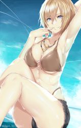 Rule 34 | 1girl, arm up, armpits, aya brea, bikini, bikini top only, blonde hair, blue eyes, breasts, day, finger to mouth, hews, jewelry, large breasts, looking at viewer, necklace, o-ring, o-ring bikini, o-ring top, parasite eve, short hair, short shorts, shorts, sitting, sky, smile, solo, swimsuit, wet