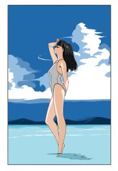Rule 34 | 1girl, bare legs, black hair, blue sky, breasts, closed mouth, cloud, cloudy sky, day, edoya inuhachi, closed eyes, from side, grey one-piece swimsuit, hand on forehead, hand on own head, highres, long hair, medium breasts, ocean, one-piece swimsuit, original, outdoors, profile, sky, solo, straight hair, swimsuit, thighs, wading