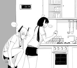 Rule 34 | ..., 2girls, cabinet, character request, dishes, faucet, girls&#039; frontline, greyscale, headgear, holding, huqu, indoors, jar, ladle, long hair, low twintails, m4 sopmod ii (girls&#039; frontline), monochrome, multicolored hair, multiple girls, oven, ro635 (girls&#039; frontline), shirt, short shorts, short sleeves, shorts, sink, spoken ellipsis, streaked hair, timestamp, twintails, yuri