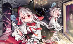 Rule 34 | 2girls, ahoge, animal ears, animal hood, azur lane, bare shoulders, black skirt, blurry, blurry background, blush, bolt, breasts, burning, candle, center frills, chandelier, closed mouth, cloud, cloudy sky, commentary request, depth of field, detached sleeves, erebus (azur lane), fire, frills, ghost, gloves, hair between eyes, highres, holding, hood, hood up, ia (ias1010), indoors, kneehighs, leaning forward, long hair, long sleeves, looking at viewer, medium breasts, multiple girls, one eye closed, painting (object), parted lips, pleated skirt, puffy long sleeves, puffy sleeves, red eyes, shirt, silver hair, skirt, sky, sleeveless, sleeveless shirt, socks, sparkle, standing, terror (azur lane), thighhighs, very long hair, water, white gloves, white legwear, white shirt, wide sleeves