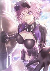Rule 34 | 1girl, blush, breasts, chiyuyu 18, cleavage, commentary request, elbow gloves, fate/grand order, fate (series), gloves, hair over one eye, highres, holding, holding shield, large breasts, looking at viewer, mash kyrielight, mash kyrielight (ortenaus), open mouth, pink hair, purple eyes, shield, short hair, smile, solo, teeth, upper teeth only