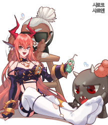 Rule 34 | chaos (dungeon and fighter), drinking straw, dungeon and fighter, heterochromia, horns, juice box, kasy, knight (dungeon and fighter), long hair, looking at viewer, massage, open mouth, pink hair, ribbon, smile, thighhighs, torn clothes, torn legwear, white background