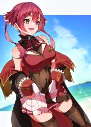 Rule 34 | 1girl, absurdres, ascot, beach, belt, blush stickers, breasts, brooch, brown belt, brown thighhighs, buttons, cleavage, commentary, covered navel, cropped jacket, fang, gloves, gold trim, hair ribbon, heterochromia, highres, hololive, houshou marine, houshou marine (1st costume), jacket, jewelry, lace, lace-trimmed legwear, lace-trimmed thighhighs, lace trim, lapel pin, large breasts, leather belt, leotard, leotard under clothes, long hair, looking ahead, maori (maori art 7467), miniskirt, no headwear, ocean, off shoulder, open mouth, outdoors, pleated skirt, red ascot, red eyes, red hair, red jacket, red ribbon, red skirt, ribbon, see-through, see-through cleavage, see-through leotard, short-sleeved jacket, short sleeves, skin fang, skirt, sleeveless, sleeveless jacket, solo, thighhighs, twintails, virtual youtuber, white gloves, yellow eyes
