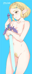 Rule 34 | 1girl, blonde hair, blue background, blush, breasts, character name, collarbone, completely nude, female pubic hair, green eyes, groin, hamao, highres, holding, holding sword, holding weapon, master sword, navel, nintendo, nipples, nude, parted bangs, pointy ears, princess zelda, pubic hair, simple background, small breasts, solo, stomach, sword, the legend of zelda, the legend of zelda: tears of the kingdom, thighs, weapon