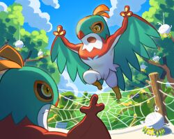 Rule 34 | claws, closed mouth, cloud, commentary request, creatures (company), day, frown, game freak, gen 6 pokemon, hawlucha, highres, nintendo, open mouth, outdoors, pokemon, silk, sky, spider web, spidops, sumika inagaki, tarountula, tree, yellow eyes