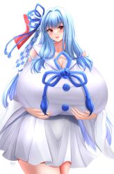 Rule 34 | 1girl, absurdres, alternate breast size, artist name, blue ribbon, blush, bow, breasts, brown eyes, cleavage, commission, doinaka, dress, gigantic breasts, hair bow, hair intakes, hands on own breasts, head tilt, highres, kotonoha aoi, long hair, looking at viewer, red bow, ribbon, sailor collar, skeb commission, smile, solo, sweatdrop, very long hair, voiceroid, white background, white dress, white sailor collar, yagasuri