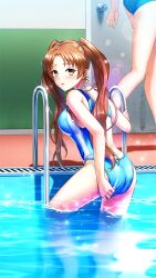 Rule 34 | 2girls, adjusting clothes, adjusting swimsuit, bare arms, blue one-piece swimsuit, brown eyes, brown hair, competition swimsuit, doukyuusei another world, game cg, kakyuusei, kanou ryouko, lens flare, long hair, looking at viewer, looking back, multiple girls, one-piece swimsuit, pool ladder, poolside, solo focus, swimsuit, twintails, very long hair