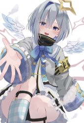 Rule 34 | 1girl, absurdres, amane kanata, angel wings, asymmetrical hair, black panties, blue bow, blue bowtie, blue eyes, blue hair, blue socks, bob cut, bow, bowtie, colored inner hair, commentary, feathered wings, feathers, grey hair, grey jacket, hair intakes, halo, high collar, highres, hololive, jacket, knee up, kneehighs, long sleeves, looking at viewer, mei am0, multicolored hair, open mouth, outstretched hand, panties, plaid, plaid legwear, reaching, reaching towards viewer, short hair, simple background, single hair intake, sleeve cuffs, sleeves past wrists, smile, socks, solo, streaked hair, teeth, underwear, upper teeth only, virtual youtuber, white background, white feathers, white wings, wings