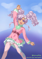 Rule 34 | 00s, 1girl, blue eyes, breasts, dark skin, dress, frills, highres, long hair, meredy (tales), open mouth, pantyhose, purple hair, tales of (series), tales of eternia, twintails