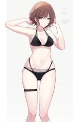 Rule 34 | 1girl, absurdres, bare shoulders, bikini, black bikini, breasts, brown hair, cleavage, closed mouth, collarbone, dot nose, hair ornament, hairclip, hands up, heart, highres, higuchi madoka, idolmaster, idolmaster shiny colors, looking at viewer, medium breasts, mole, mole under eye, navel, purple eyes, short hair, sikimosh, simple background, solo, standing, swept bangs, swimsuit, thigh strap, white background