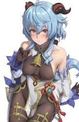 Rule 34 | 1girl, ahoge, arm support, athenawyrm, bare shoulders, bell, black gloves, blue hair, blush, bodystocking, bodysuit, bodysuit pull, breasts, brown bodysuit, brown eyes, brown leotard, collarbone, covered erect nipples, cowbell, cowboy shot, detached sleeves, ganyu (genshin impact), genshin impact, gloves, goat horns, hair between eyes, highres, horns, impossible bodysuit, impossible clothes, leotard, leotard under clothes, long hair, looking at viewer, low ponytail, medium breasts, no bra, parted lips, simple background, sitting, solo, vision (genshin impact), white background