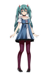 Rule 34 | 1girl, black bow, black footwear, blue dress, blue eyes, blue hair, blue nails, bow, bracelet, choker, closed mouth, collarbone, dress, full body, hair between eyes, hair ornament, hatsune miku, highres, jewelry, long hair, looking at viewer, nail polish, pantyhose, project diva (series), purple pantyhose, shiny clothes, shiny legwear, short dress, short sleeves, simple background, smile, solo, standing, tsukishiro saika, twintails, very long hair, vocaloid, white background