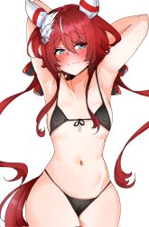 Rule 34 | 1girl, animal ears, armpits, arms up, bikini, blush, breasts, closed mouth, collarbone, commentary request, covered erect nipples, green eyes, hair between eyes, hair ornament, highres, horse ears, horse tail, looking at viewer, navel, red hair, reza (27232098), simple background, small breasts, solo, swimsuit, tail, umamusume, white background, win variation (umamusume)