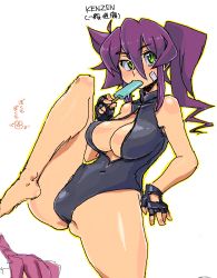 Rule 34 | 1girl, barefoot, breasts, cleavage, cleavage cutout, clothing cutout, coso-ri, fingerless gloves, food, front zipper swimsuit, gloves, green eyes, large breasts, meme attire, one-piece swimsuit, original, popsicle, purple hair, side ponytail, solo, swimsuit, umizakura tachimi
