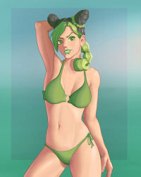 Rule 34 | 1girl, bikini, donfabrico, green bikini, green eyes, jojo no kimyou na bouken, kuujou jolyne, multicolored hair, swimsuit
