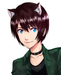 Rule 34 | 1girl, animal ears, bai wang, belt collar, black shirt, blue eyes, brown hair, cat ears, closed mouth, collar, commentary request, green jacket, jacket, looking at viewer, original, shirt, simple background, smile, solo, upper body, white background