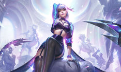 Rule 34 | 1girl, black skirt, bracelet, breasts, brown eyes, claws, crop top, cropped jacket, earrings, evelynn (league of legends), eyeshadow, fishnet thighhighs, fishnets, high-waist skirt, idol, jacket, jewelry, k/da (league of legends), k/da all out evelynn, league of legends, light purple hair, lips, lipstick, long hair, looking at viewer, makeup, medium breasts, official alternate costume, official art, open clothes, open jacket, purple lips, sculpture, sitting, skirt, smile, solo, thick thighs, thighhighs, thighs
