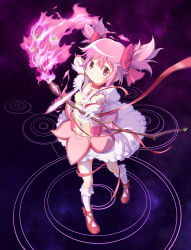 Rule 34 | 1girl, absurdres, arrow (projectile), blush, bow, bow (weapon), breasts, bubble skirt, closed mouth, commentary, fire, footwear ribbon, frilled socks, frills, full body, hair bow, highres, kaname madoka, kneehighs, looking at viewer, magical girl, mahou shoujo madoka magica, mahou shoujo madoka magica (anime), pink bow, pink eyes, pink fire, pink hair, puffy short sleeves, puffy sleeves, red footwear, red ribbon, ribbon, seagateee, shoes, short hair, short sleeves, short twintails, skirt, small breasts, smile, socks, solo, space, twintails, weapon, white socks