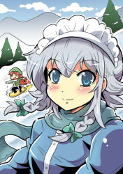 Rule 34 | 2girls, blue eyes, blue sky, blush stickers, bow, braid, circle cut, coat, colonel aki, day, closed eyes, hair between eyes, hair bow, hat, hong meiling, izayoi sakuya, long sleeves, looking at viewer, maid headdress, mountain, multiple girls, open mouth, outstretched arms, red hair, scarf, silver hair, sky, smile, snow, snowboard, snowboarding, spread arms, touhou, tree, twin braids, winter, winter clothes, winter coat