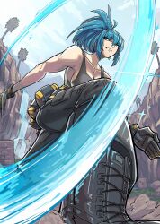 Rule 34 | 1girl, ammunition belt, black gloves, black pants, black tank top, blue eyes, blue hair, boots, breasts, cleavage, combat boots, earrings, from below, gloves, highres, jewelry, jyakai, large breasts, leona heidern, pants, perspective, ponytail, slashing, sleeveless, solo, tank top, the king of fighters, the king of fighters xiii, tree, water, waterfall