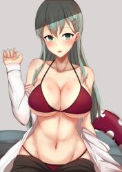 Rule 34 | 1girl, abs, aqua hair, bikini, bikini under clothes, blush, breasts, chiyo (pk19981234), cleavage, collarbone, green eyes, grey background, groin, hair ornament, hairclip, jacket, kantai collection, large breasts, long hair, long sleeves, looking at viewer, navel, open mouth, red bikini, simple background, solo, suzuya (kancolle), swimsuit, upper body, white jacket