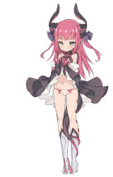 Rule 34 | 10s, 1girl, between legs, blade (galaxist), blue eyes, blush, boots, bow, clothes lift, dragon horns, dragon tail, dress, dress lift, elizabeth bathory (fate), elizabeth bathory (fate/extra ccc), elizabeth bathory (first ascension) (fate), fate/extra, fate/extra ccc, fate/grand order, fate (series), hair ribbon, high heel boots, high heels, horns, long hair, looking at viewer, navel, panties, red hair, ribbon, simple background, solo, tail, tail between legs, underwear, white background