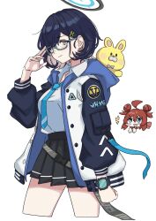 Rule 34 | 2girls, absurdres, ahoge, black hair, black skirt, blue archive, blue eyes, blush, breasts, chihiro (blue archive), closed mouth, collared shirt, double bun, glasses, hair bun, hair over one eye, halo, highres, hood, hood down, jacket, kuzuuo, long sleeves, looking at viewer, maki (blue archive), medium breasts, multicolored hair, multiple girls, necktie, open clothes, open mouth, pleated skirt, red hair, shirt, short hair, simple background, skirt, stuffed animal, stuffed toy, watch, white background, white shirt, wristwatch