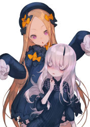 Rule 34 | 2girls, abigail williams (fate), bad id, bad pixiv id, bags under eyes, black bow, black dress, black hat, blonde hair, bloomers, blue eyes, blush, bow, bug, bukurote, butterfly, commentary request, dress, fate/grand order, fate (series), forehead, hair bow, hands up, hat, head tilt, horns, insect, lavinia whateley (fate), long hair, long sleeves, looking at viewer, multiple girls, orange bow, parted bangs, parted lips, polka dot, polka dot bow, purple eyes, silver hair, single horn, sleeves past fingers, sleeves past wrists, underwear, very long hair, white bloomers, wide-eyed