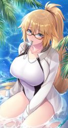 Rule 34 | 1girl, blonde hair, blue eyes, blush, bow, breasts, cleavage, commentary, competition swimsuit, covered navel, fate/grand order, fate (series), from above, hair between eyes, hair bow, hairband, high ponytail, highleg, highleg swimsuit, highres, jacket, jeanne d&#039;arc (fate), jeanne d&#039;arc (ruler) (fate), jeanne d&#039;arc (swimsuit archer) (fate), jeanne d&#039;arc (swimsuit archer) (second ascension) (fate), large breasts, lips, long hair, looking at viewer, mouth hold, one-piece swimsuit, open clothes, open jacket, palm leaf, pantsu majirou, ponytail, sand, shore, sitting, solo, swimsuit, thighs, very long hair, water, wet, wet hair, whistle, white jacket