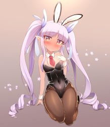 Rule 34 | 1girl, animal ears, black leotard, bow, bowtie, brown eyes, commentary request, detached collar, fake animal ears, flat chest, gradient background, high heels, highres, kyoka (princess connect!), leotard, light purple hair, long hair, looking at viewer, nekono matatabi, pantyhose, playboy bunny, pointy ears, princess connect!, purple bow, rabbit ears, side-tie leotard, solo, twintails, very long hair, wrist cuffs