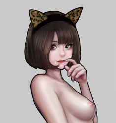 Rule 34 | 1girl, animal ears, black hairband, blunt bangs, bob cut, breasts, brown eyes, brown hair, cat ears, closed mouth, fake animal ears, finger to mouth, grey background, hairband, highres, jungon kim, lips, medium breasts, nipples, nude, original, red lips, short hair, simple background, smile, solo, upper body