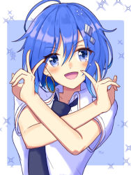 Rule 34 | 1girl, :d, ahoge, black necktie, blouse, blue eyes, blue hair, commentary, earrings, girly air force, hair between eyes, hair ornament, hairclip, jewelry, looking at viewer, necktie, open mouth, rhino (girly air force), shirt, short hair, short sleeves, smile, solo, white shirt, yokohamax