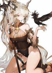 Rule 34 | 1girl, absurdres, animal, arknights, bare shoulders, bird, bird on hand, black one-piece swimsuit, blonde hair, breasts, casual one-piece swimsuit, closed mouth, commentary, crow, detached sleeves, ears visible through hair, hair between eyes, hair ornament, high ponytail, highres, horns, infection monitor (arknights), kensei (v2), kneeling, large breasts, long hair, long sleeves, looking at viewer, official alternate costume, one-piece swimsuit, pointy ears, red eyes, sandals, shining (arknights), shining (silent night) (arknights), solo, swimsuit, thigh strap, thighs, very long hair, white background