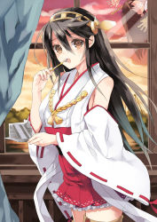 Rule 34 | 10s, 2girls, akagi (kancolle), bad id, bad pixiv id, black hair, blush, brown eyes, brown hair, cake, detached sleeves, eating, food, fork, hairband, haruna (kancolle), japanese clothes, kantai collection, long sleeves, looking at viewer, multiple girls, open mouth, personification, thighhighs, wide sleeves, window, yumekui, zettai ryouiki
