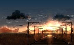 Rule 34 | absurdres, chinese commentary, cloud, commentary request, highres, mountainous horizon, no humans, original, outdoors, railroad tracks, rune xiao, scenery, signature, sky, still life, sun, sunset, train