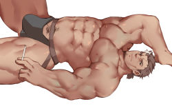 Rule 34 | 1boy, abs, absurdres, arm up, bara, black male underwear, brown hair, bulge, cigarette, commentary request, facial hair, feet out of frame, goatee, guoguo, highres, jockstrap, large pectorals, long sideburns, looking at viewer, lying, male focus, male pubic hair, male underwear, mature male, mononobe kyoma, multicolored hair, muscular, muscular male, navel, nipples, on back, pectorals, pubic hair, pubic hair peek, short hair, sideburns, solo, spread legs, stomach, streaked hair, thick eyebrows, thick thighs, thighs, tokyo houkago summoners, topless male, underwear, underwear only, white hair