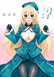 Rule 34 | !?, 10s, 1girl, atago (kancolle), blonde hair, blue eyes, blush, breasts, cleavage, hat, jacket, kantai collection, large breasts, looking at viewer, mikan (chipstar182), military jacket, panties, panties under pantyhose, pantyhose, pantyshot, personification, solo, standing, surprised, thigh gap, underwear