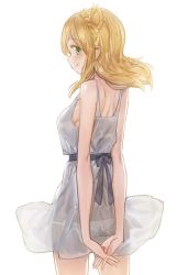 Rule 34 | 10s, 1girl, ass, blonde hair, braid, closed mouth, cowboy shot, crown braid, dress, free style (yohan1754), from behind, grey dress, hair rings, highres, interlocked fingers, long hair, looking at viewer, looking back, love live!, love live! sunshine!!, ohara mari, own hands clasped, own hands together, panties, profile, sash, see-through, simple background, smile, solo, sundress, underwear, white background, white panties, yellow eyes