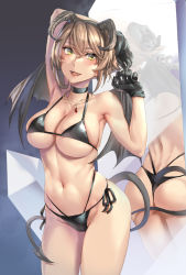 Rule 34 | 1girl, ass, bare arms, bare legs, bare shoulders, bikini, black bikini, black gloves, black wings, breasts, brown hair, collarbone, commission, demon horns, demon tail, demon wings, fake horns, fangs, gloves, green eyes, groin, hair between eyes, highres, horns, jewelry, kantai collection, kokuzou, large breasts, multiple views, mutsu (kancolle), navel, necklace, open mouth, short hair, skeb commission, smile, swimsuit, tail, wings