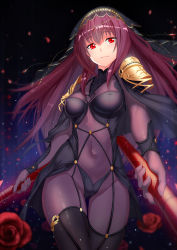 Rule 34 | 1girl, armor, bodysuit, breasts, fate/grand order, fate (series), flower, gae bolg (fate), long hair, looking at viewer, pauldrons, polearm, purple bodysuit, purple hair, red eyes, rose, scathach (fate), scathach (fate), shoulder armor, solo, spear, veil, weapon, zhanzheng zi