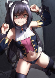 Rule 34 | animal ear fluff, animal ears, bdsm, black hair, black panties, black thighhighs, bondage, bound, bound legs, bound wrists, cat ears, cat girl, cat tail, chained wrists, detached sleeves, dress, granblue fantasy, green eyes, highres, innertube with ears, jack dempa, karyl (princess connect!), long hair, low twintails, multicolored hair, panties, princess connect!, restrained, scared, sleeveless, sleeveless dress, solo, streaked hair, sweat, tail, thighhighs, twintails, underwear, very long hair, wide-eyed
