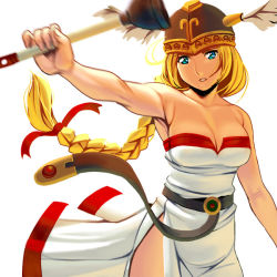 Rule 34 | 1girl, armpits, bad id, bad pixiv id, blonde hair, blue eyes, braid, breasts, cleavage, cowboy shot, dress, head wings, helmet, kouno (masao), large breasts, long hair, muscular, namco, plunger, single braid, solo, valkyrie, valkyrie (vnd), valkyrie no densetsu, white background, wings