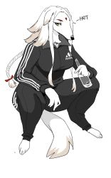 Rule 34 | 1girl, adidas, alcohol, animal ears, body fur, borzoi, bottle, brown eyes, dog ears, dog tail, facial mark, female focus, forehead mark, furry, furry female, highres, holding, holding bottle, jacket, looking at viewer, master cake, meme, original, pants, russian text, sidelocks, sideways glance, simple background, solo, squatting, tail, track jacket, track pants, track suit, vodka, white background, white fur, white hair