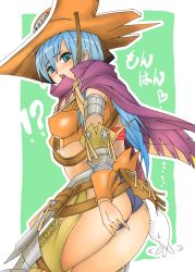 Rule 34 | !?, armlet, ass, ass biting, banjo (technistep), belt, biting, blue hair, blue panties, breasts, capcom, capelet, cowboy hat, giggi, green eyes, hat, highres, long hair, looking down, monster hunter, monster hunter (series), monster hunter portable 3rd, open mouth, panties, tail, tail wagging, underboob, underwear, cowboy western, wroggi (armor)